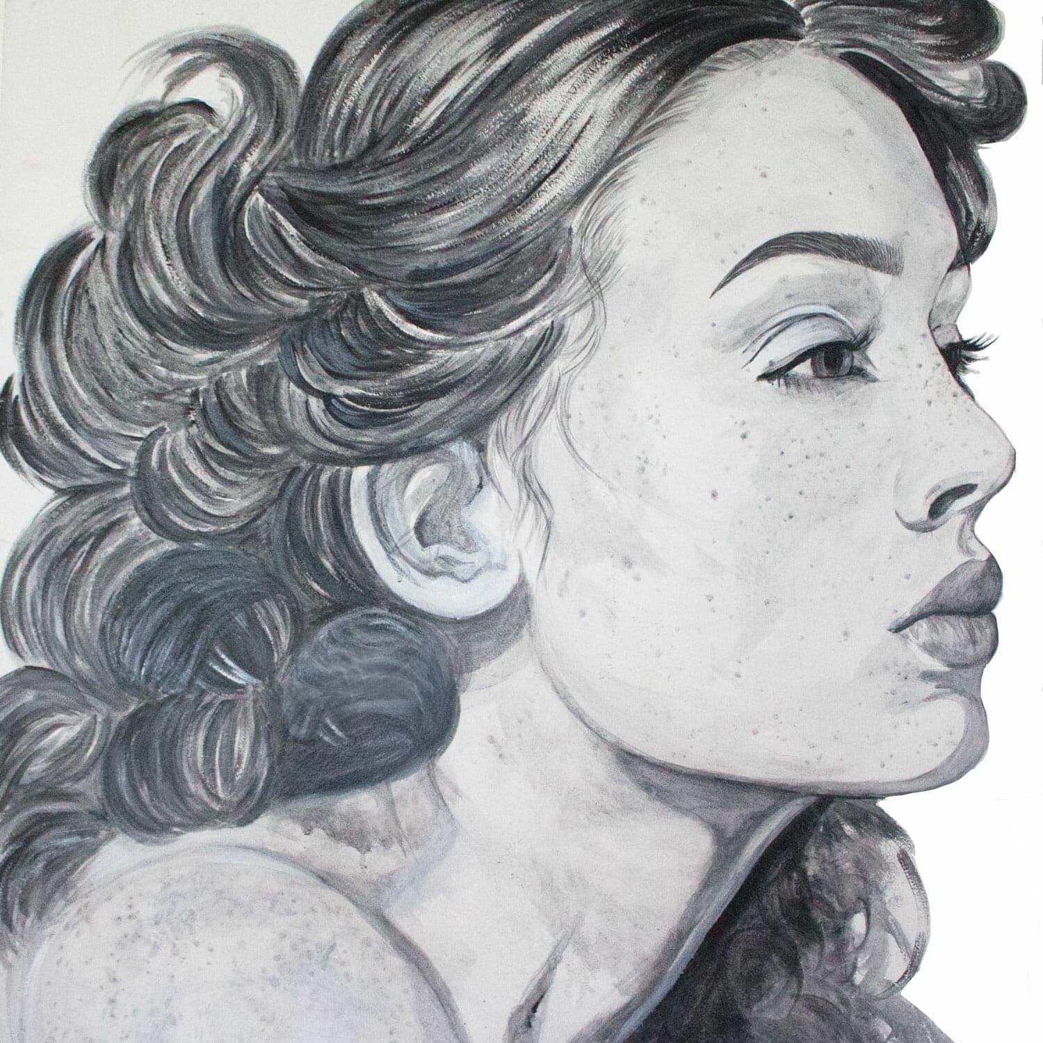 Digital portrait of a woman's side profile in grayscale.