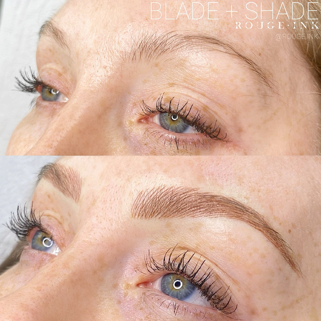 Before and after of a female client with combo brows at Rouge Ink.