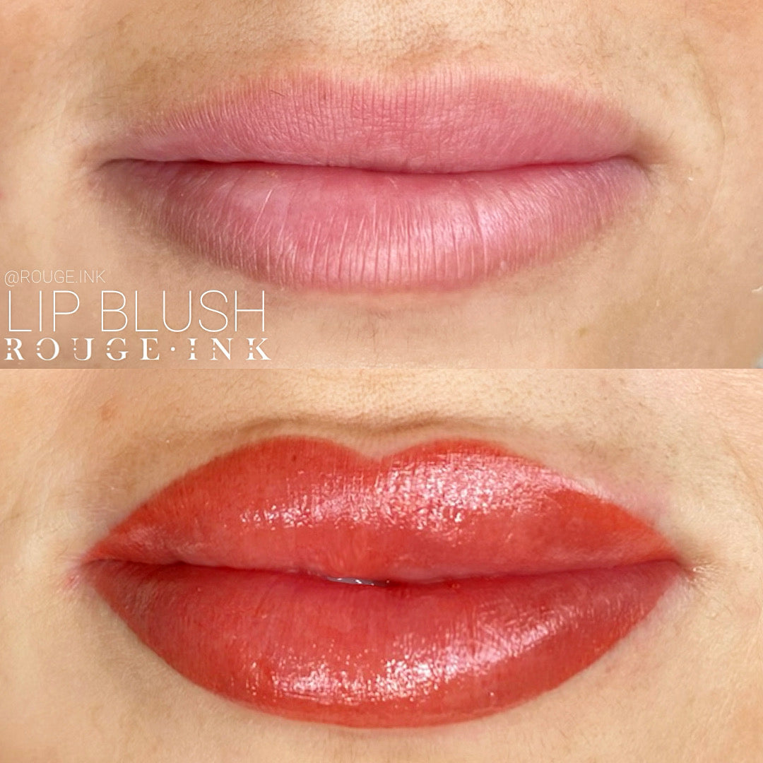 Before and after of a female client who received lip blushing service.
