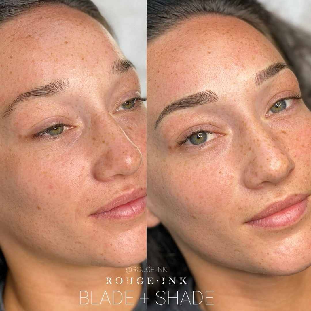 Before and after of a female client with combo brows at Rouge Ink.