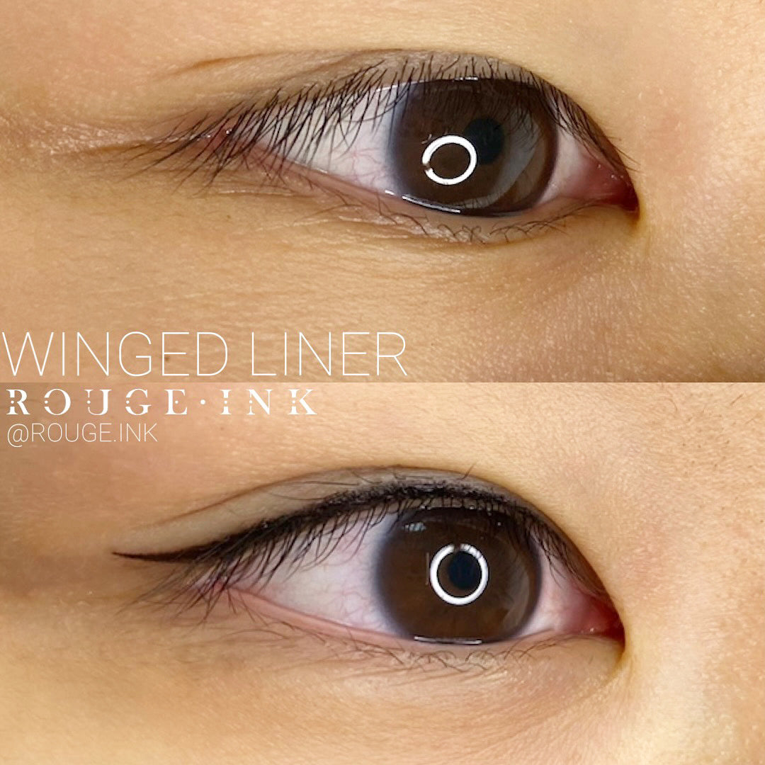 Before and after of a female client who received lash enhancement service featuring a wing.