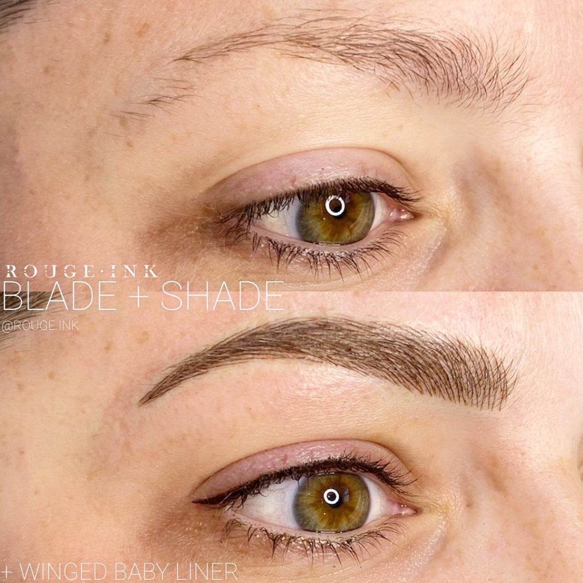 Before and after of a female client who received microblading and lash enhancement services.