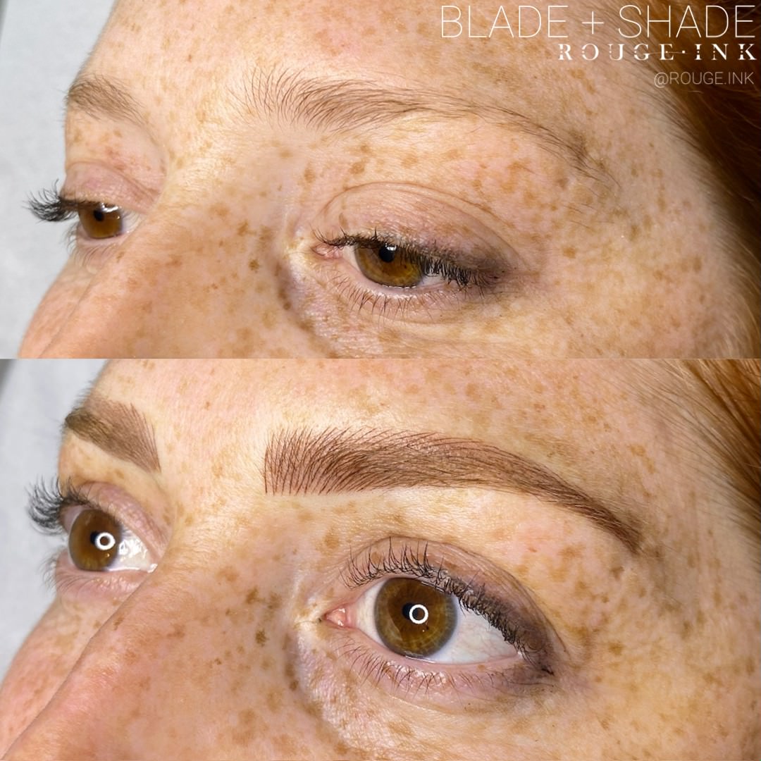 Before and after of a female client with combo brows at Rouge Ink.