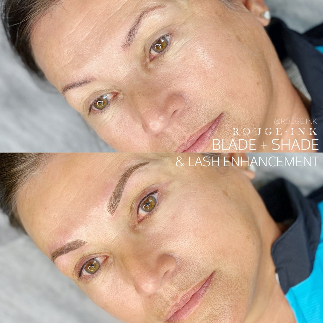 Before and after of a female client who received microblading and lash enhancement services.
