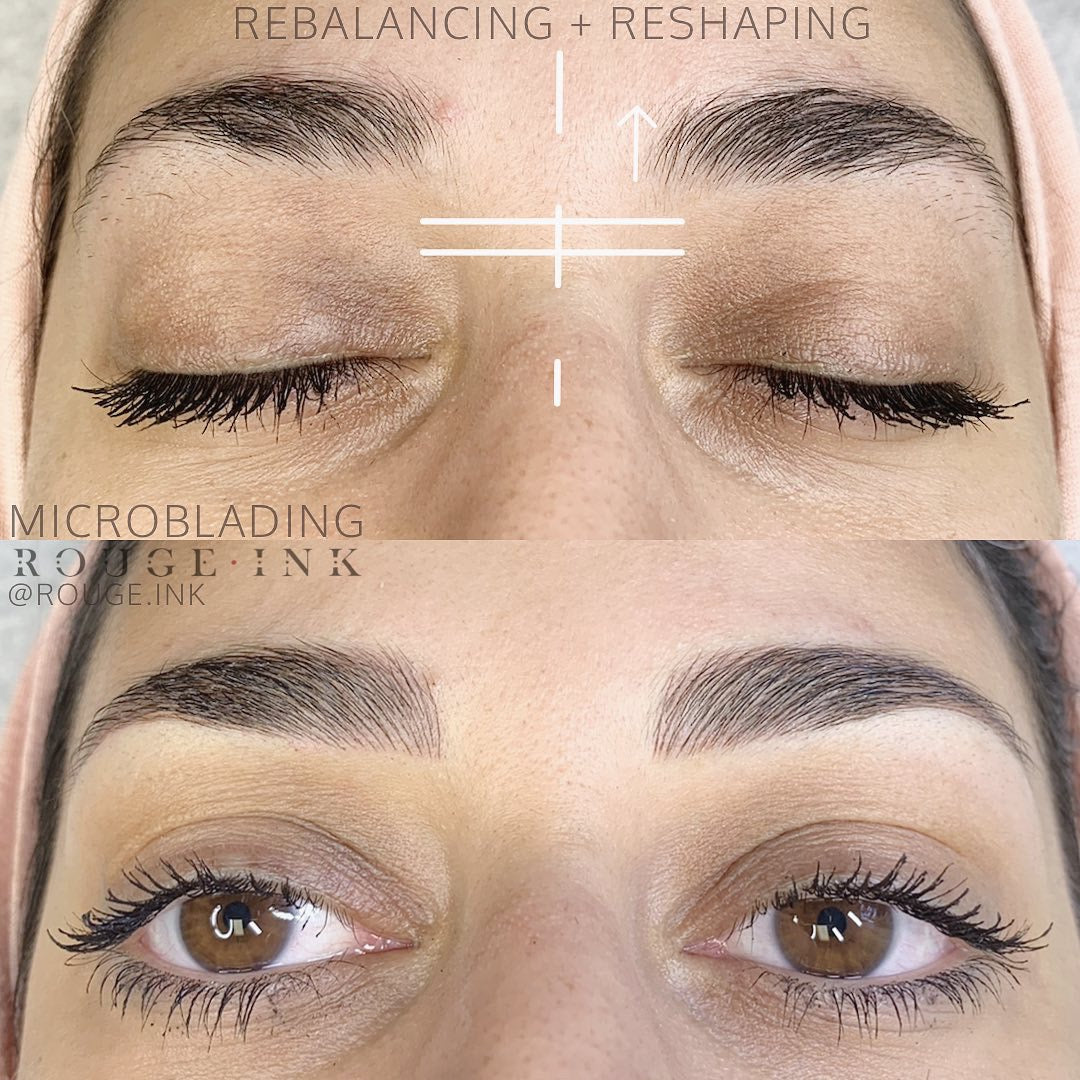 Before and after of a female client with microbladed brows at Rouge Ink.
