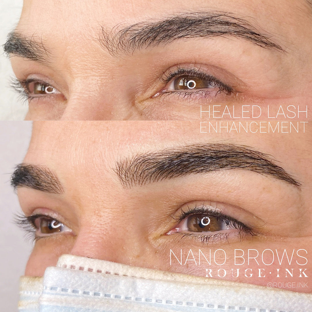 Before and after of a female client who with nano brows.