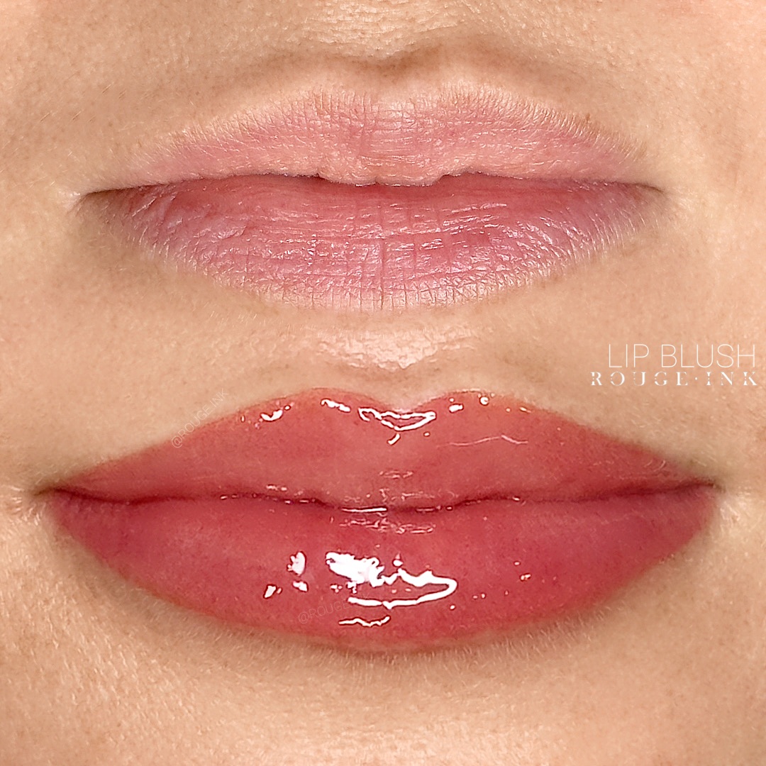 Before and after of a female client who received lip blushing service.