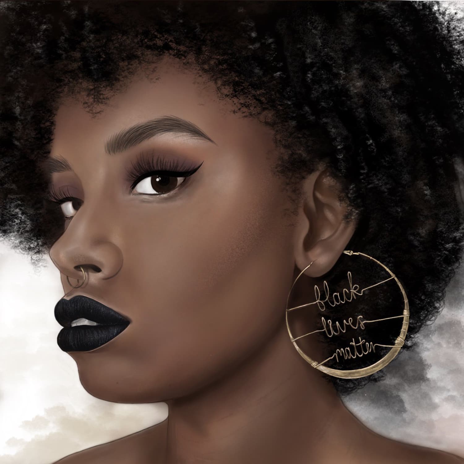 Digital portrait of a woman's side profile featuring large hoop earrings with the words "Black Lives Matter."