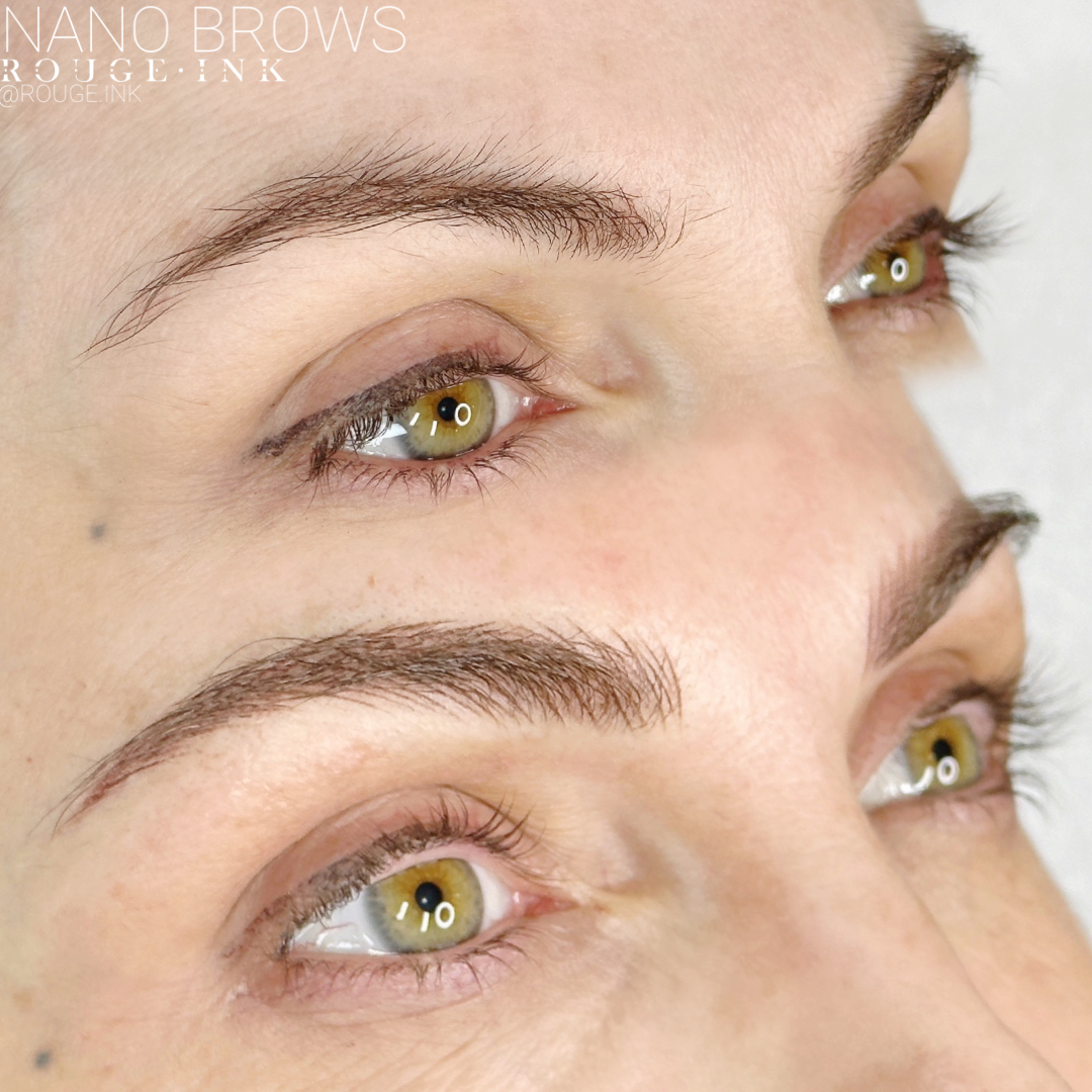 Before and after of a female client who received nano brows at Rouge Ink.