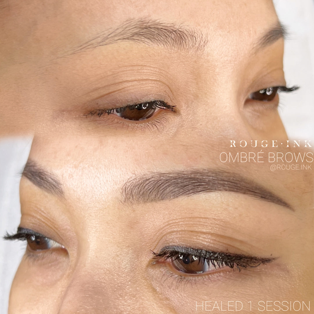 Before and after of a female client who received 1 session of ombre brows at Rouge Ink.