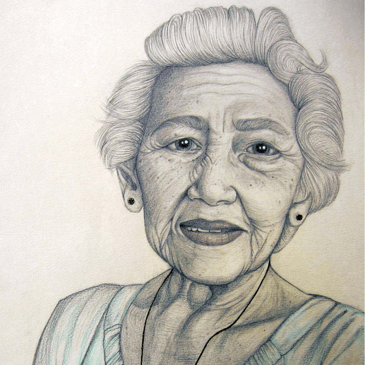 Pencil drawing of an elderly woman.