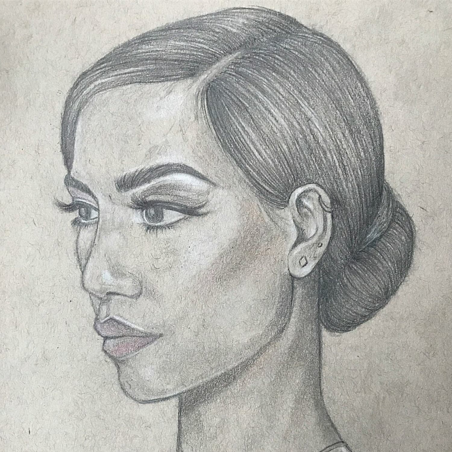 Pencil drawing of a 3/4 profile of a woman.