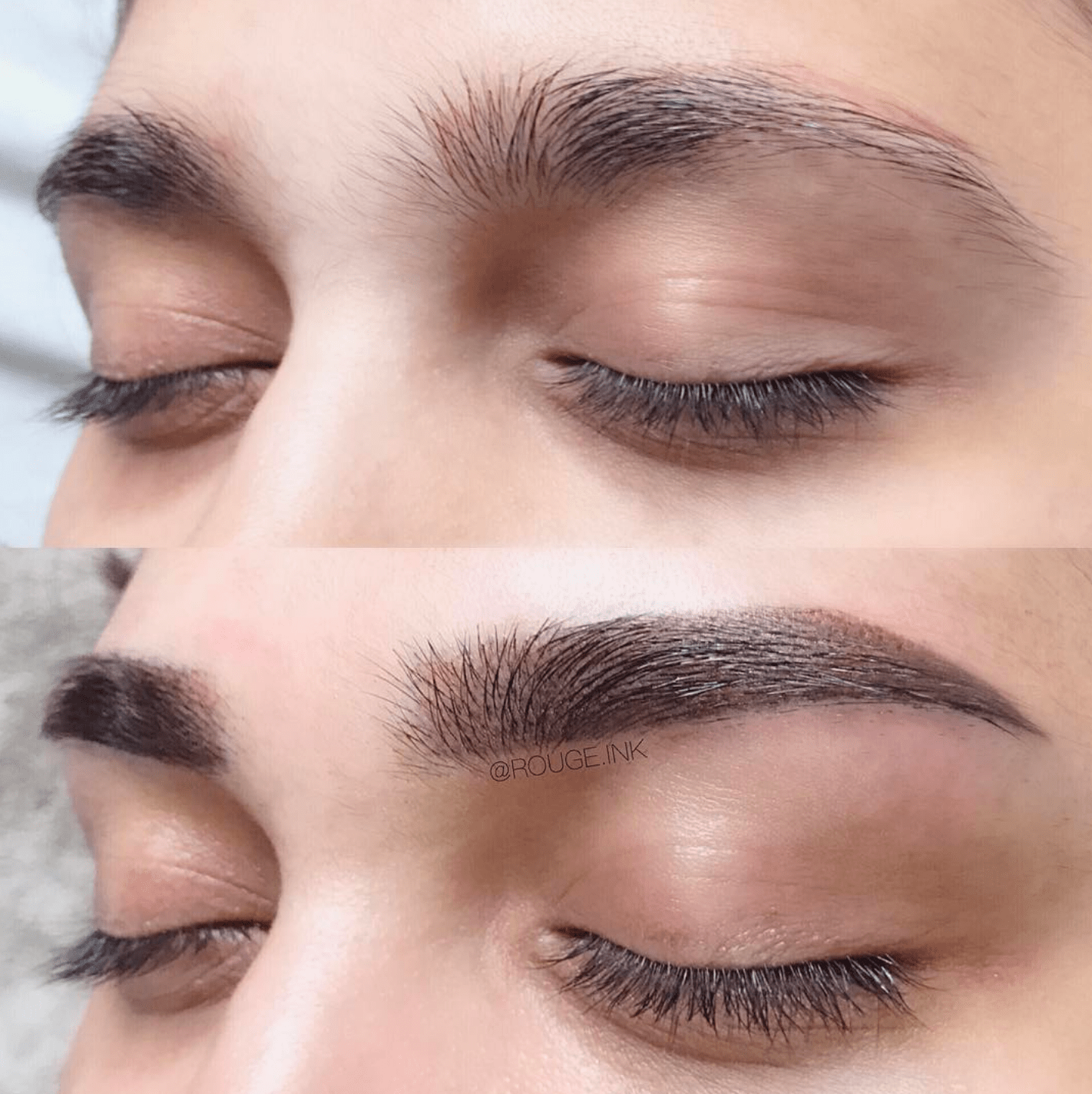 Before and after of a female client who received powder brows at Rouge Ink.