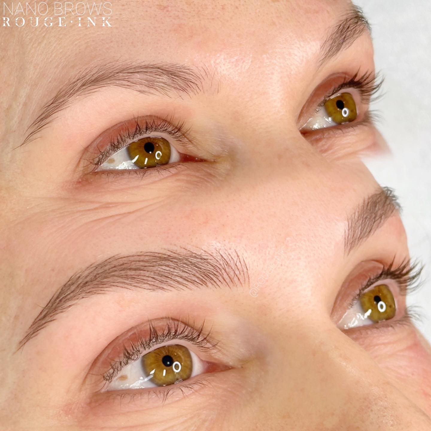 Before and after of a female client with nano brows at Rouge Ink.