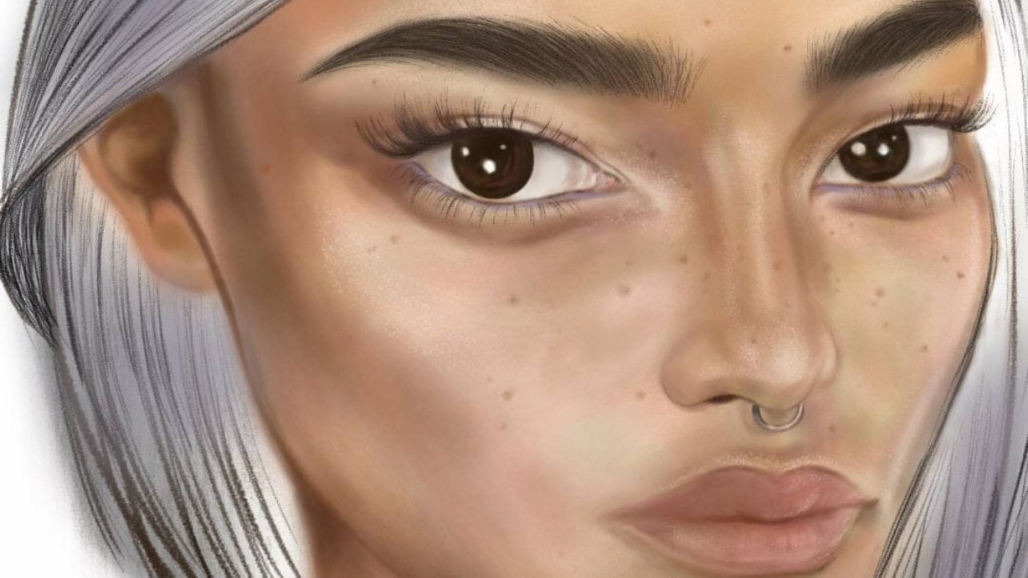 Digital portrait with defined brows, natural makeup and silver hair.